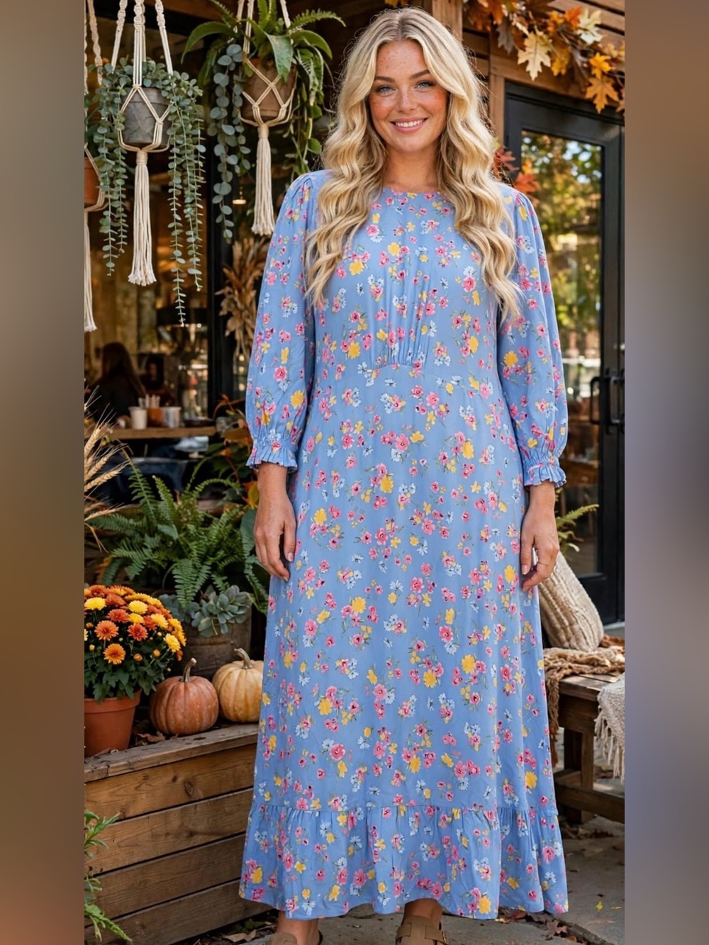 Blue Floral Midi Dress with Long Sleeves